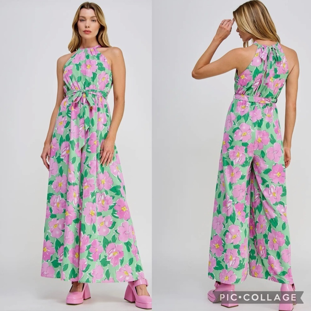 NWT Big Florals Halter Belted Wide Leg Jumpsuit Green Pink Flowy Resortwear